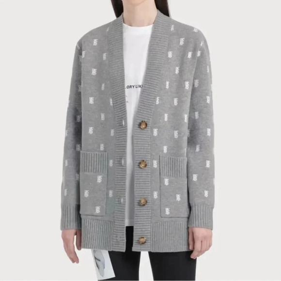 Burberry Sweaters - Burberry Monogram Oversized Cardigan Womens Grey Logo Wool Cashmere Blend